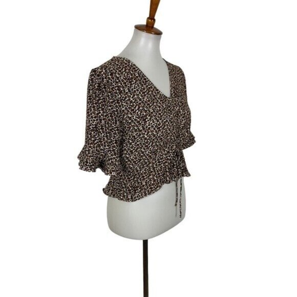 Essue Leopard Print Ruffle Sleeve Ruched Crop Blouse Top Large Trendy Y2K Chic - Picture 3 of 6